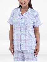 Women Pastel Plaid Printed Suit Shirt & Pyjama Set , Night wear Dress Women's Printed Night Suit Set Shirt & Pyjama | Soft Nightwear Dress, 2 Piece Sleepwear for Women,