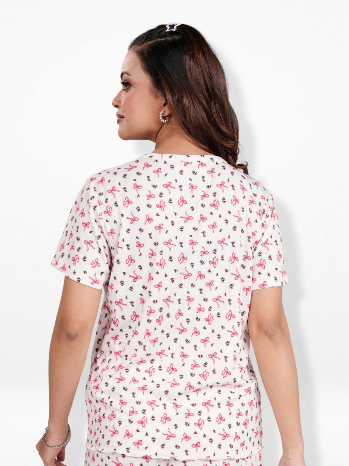 Women’s Henley Short Sleeve Pajama Top | Printed Sleepwear Shirt | Soft Stretch Yummy Rib Fabric | Casual Lounge Top for Women - Egret