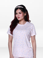 Women’s All Over Printed Short Sleeve Lounge Top | Soft Stretch Yummy Rib Fabric | Crew Neck Casual Sleepwear & Loungewear Top - LT.Pink