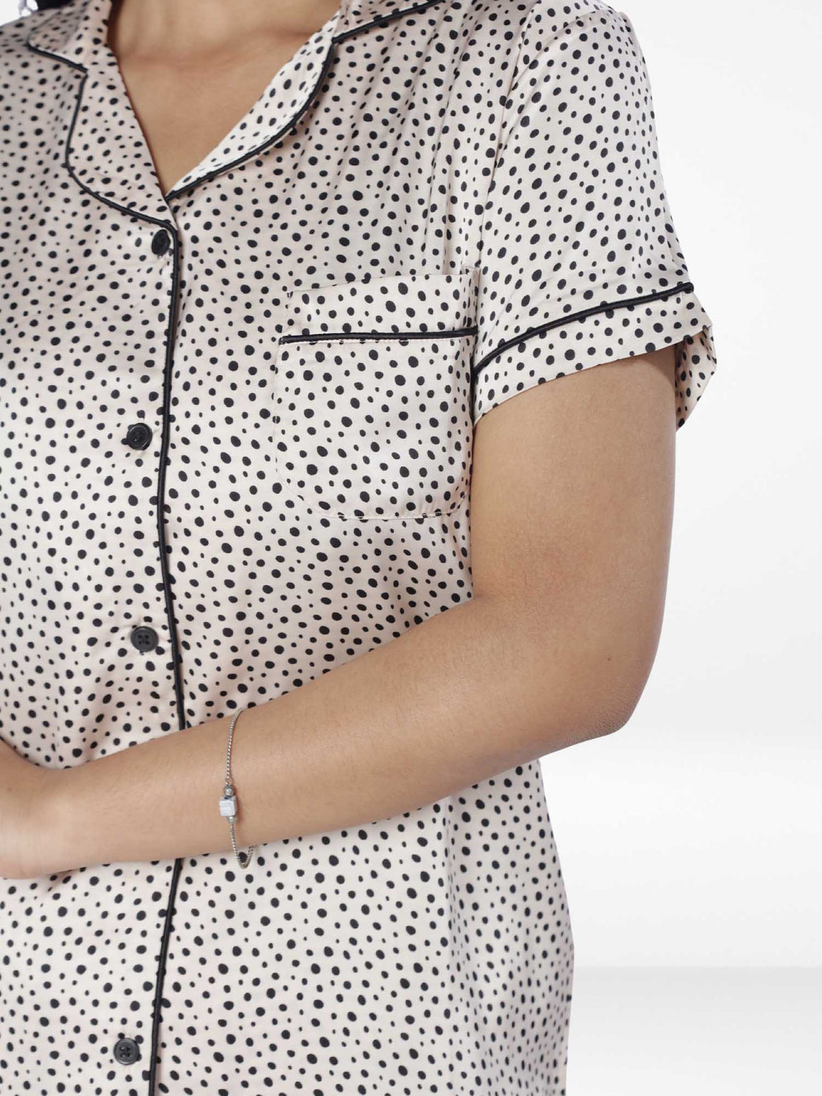 Satin Pajama Set for Women - Contrast Piping, Notch Collar, Button Down, Short Sleeve Long Pant