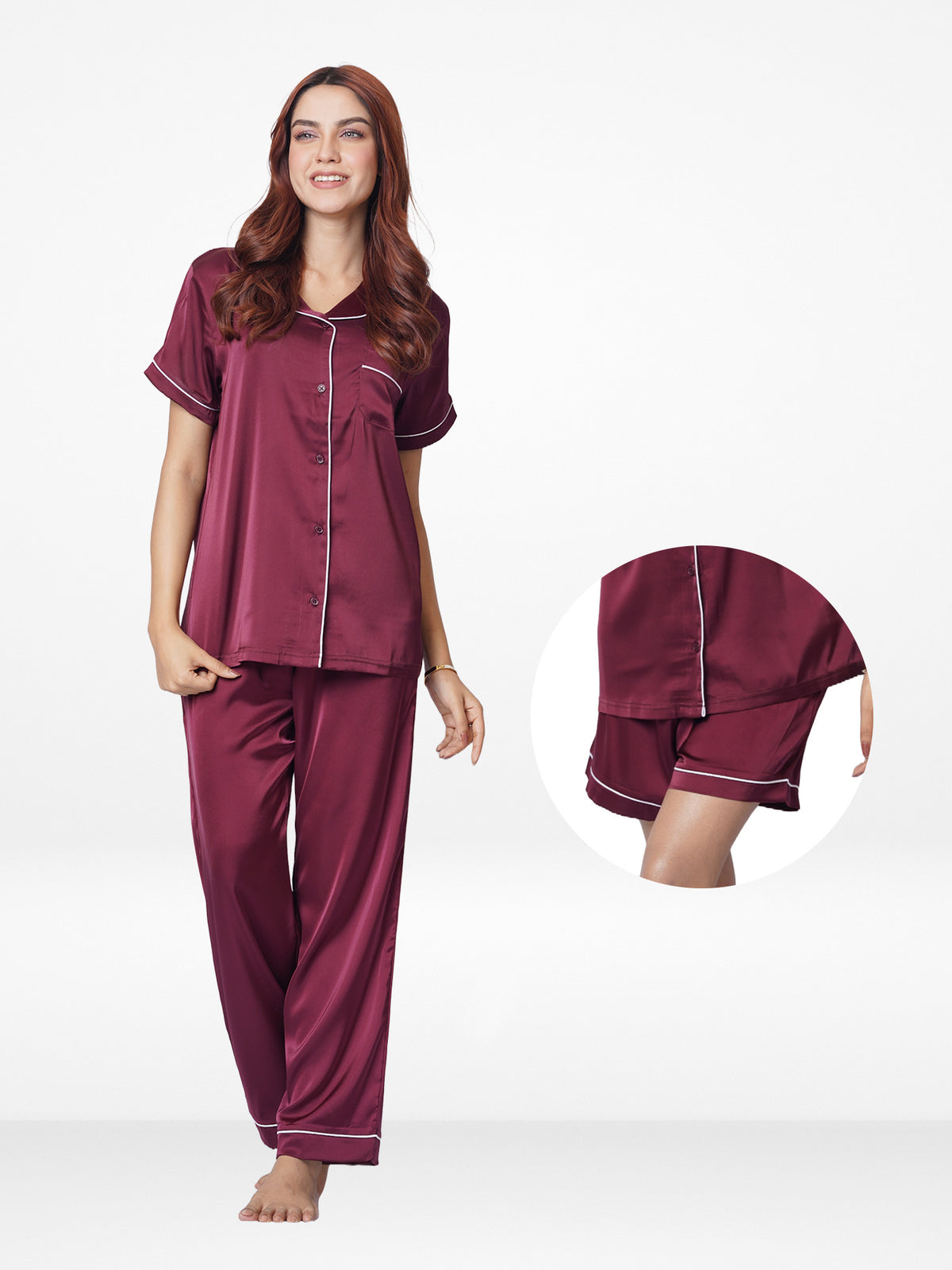 3pcs Women Satin Pajama Set. Contrast Piping, Notch Collar & Button Down.