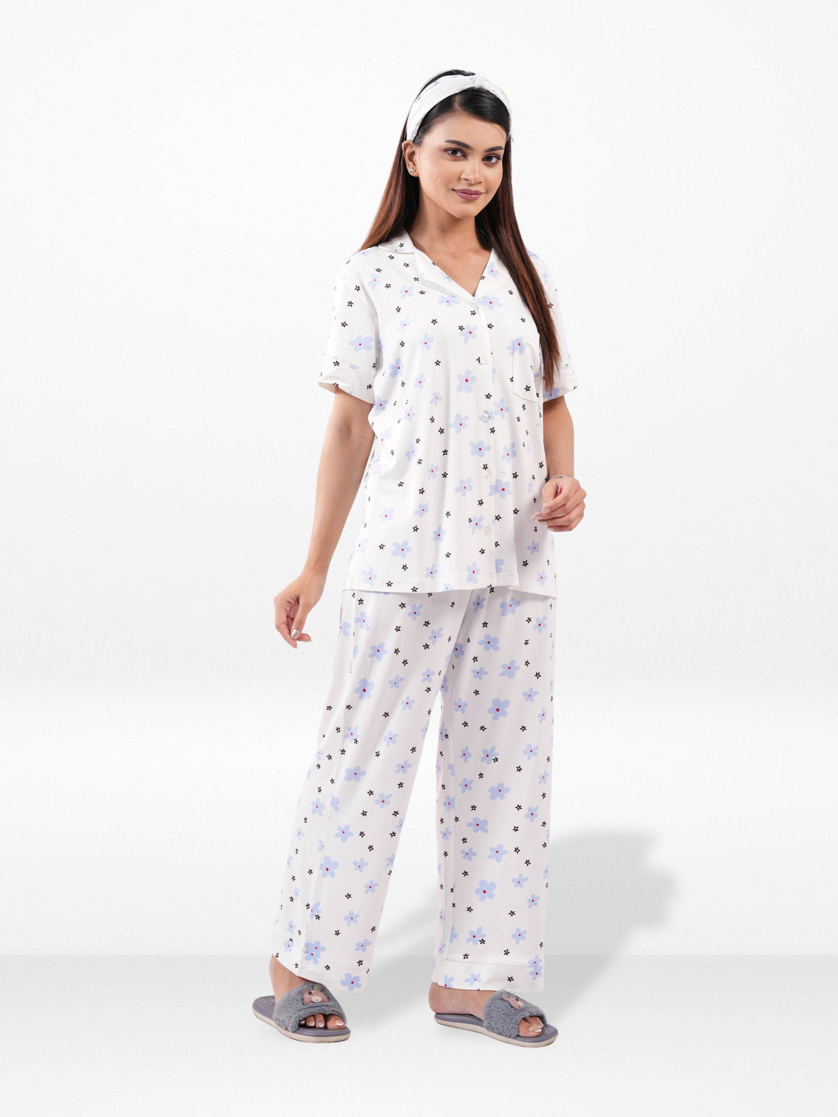 Women All Over Printed Night Suit Set of Shirt & Pyjama, Night wear Dress