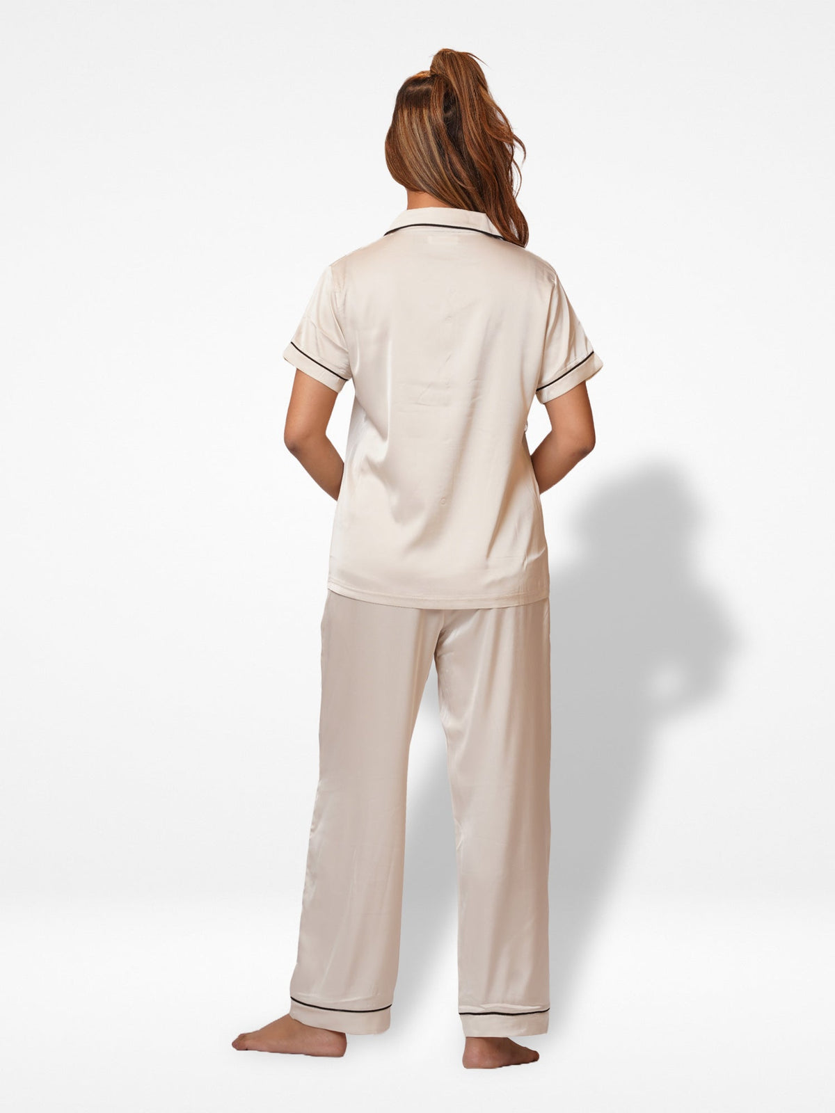 Satin Pajama Set for Women - Contrast Piping, Notch Collar, Button Down, Short Sleeve Long Pant