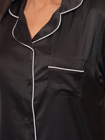 Satin Pajama Set for Women - Contrast Piping, Notch Collar, Button Down, Long Sleeve & Long Pant