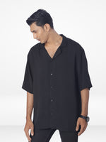 Men's Half-Sleeve Relaxed-Fit Casual Cuban Collar Shirt| BLACK