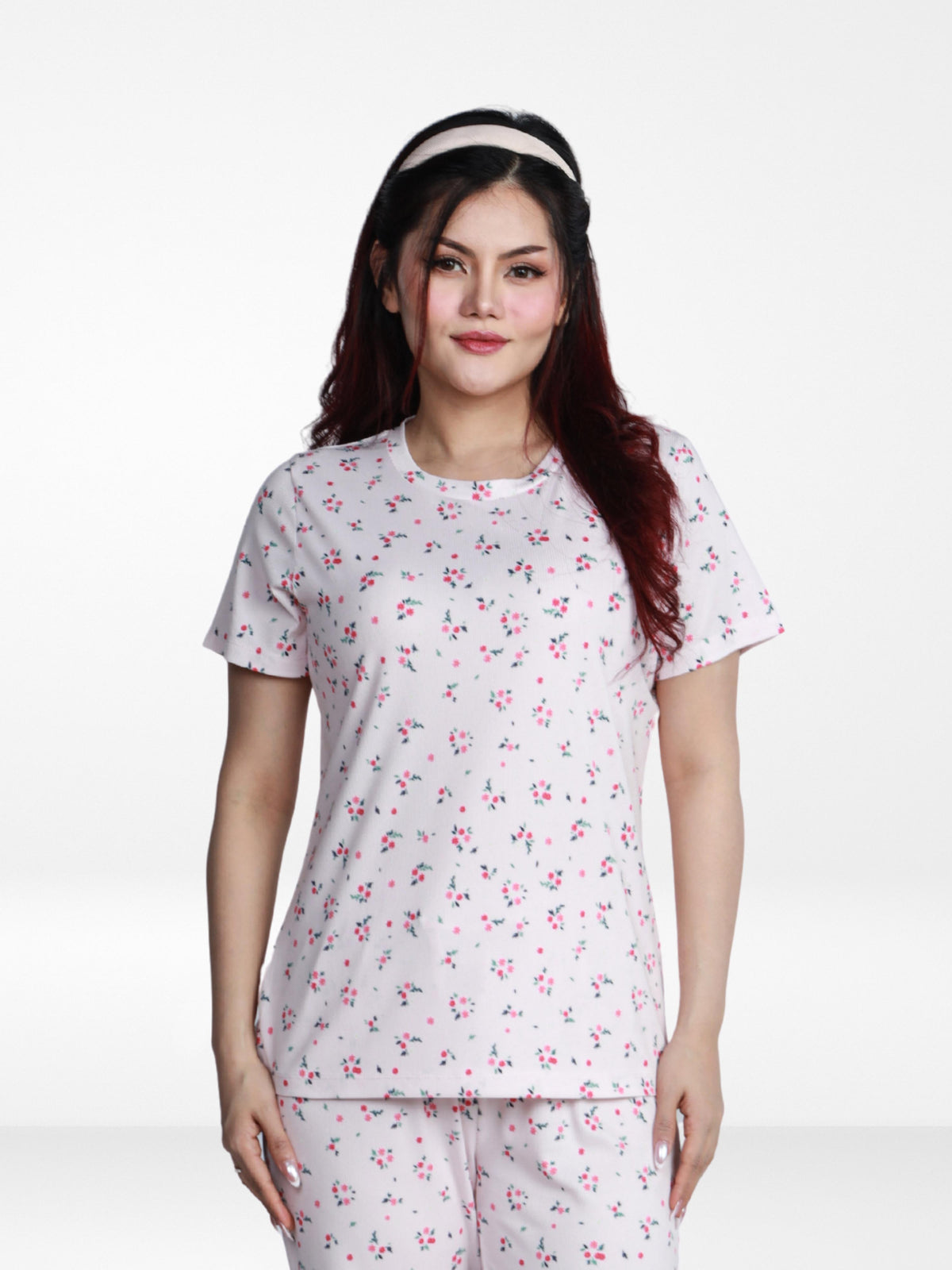 Women’s All Over Printed Short Sleeve Lounge Top | Soft Stretch Yummy Rib Fabric | Crew Neck Casual Sleepwear & Loungewear Top - Pink