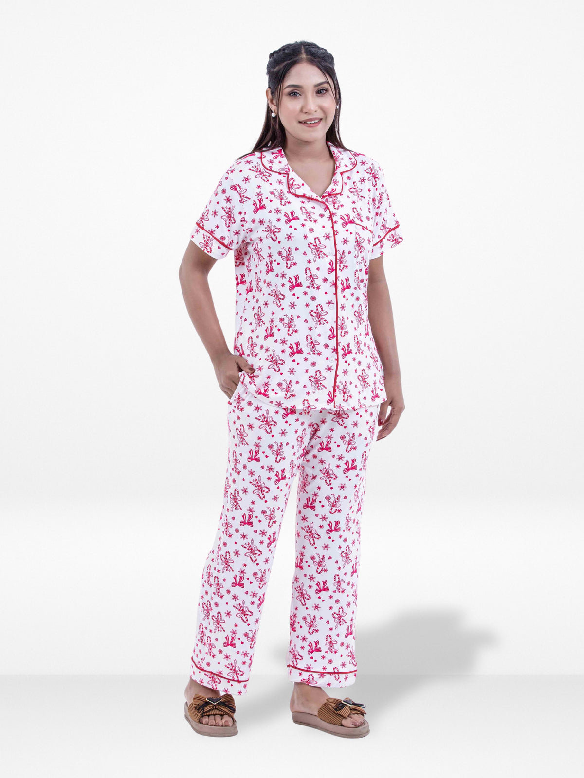 Women Christmas Candy Cane Printed Pyjama Set , Night wear Dress Women's Printed Night Suit Set Shirt & Pyjama | Soft Nightwear Dress, 2 Piece Sleepwear for Women,
