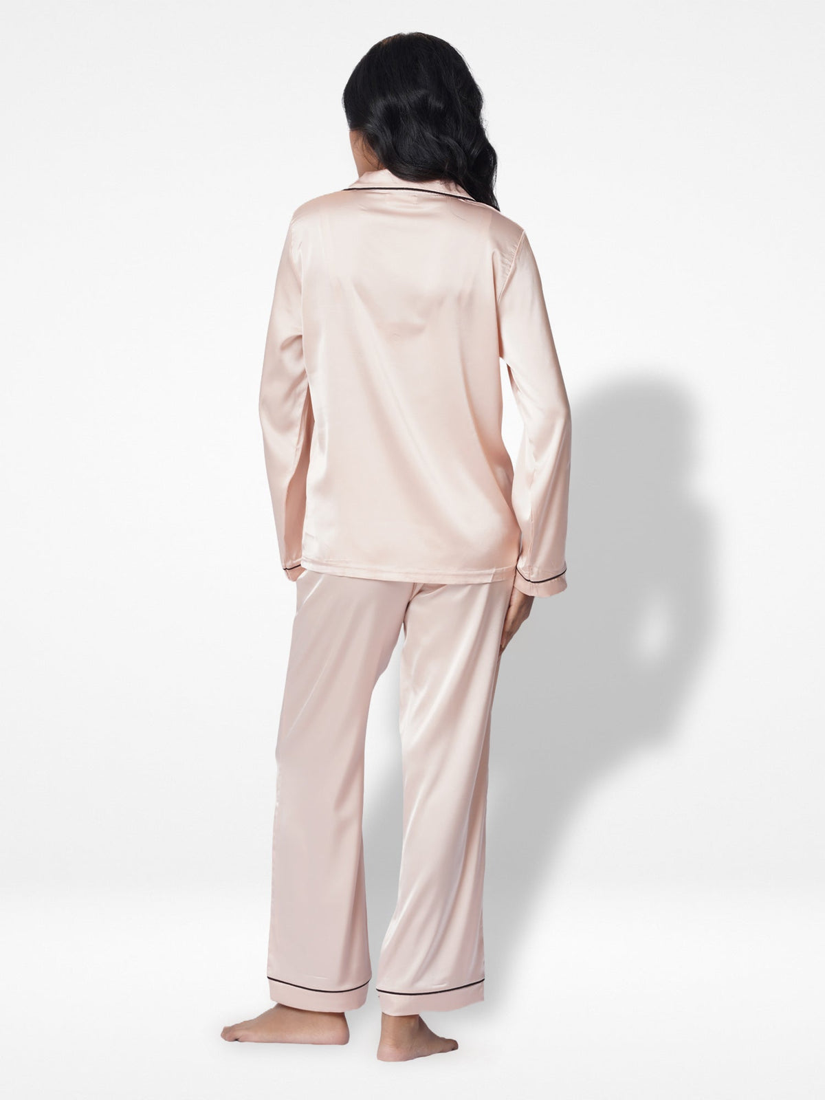 Satin Pajama Set for Women - Contrast Piping, Notch Collar, Button Down, Long Sleeve & Long Pant
