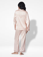 Satin Pajama Set for Women - Contrast Piping, Notch Collar, Button Down, Long Sleeve & Long Pant