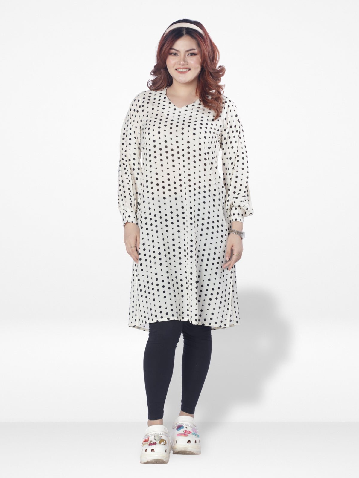 Women All Over Black Dot Print Full Sleeve Long Top| Beige-inteblu