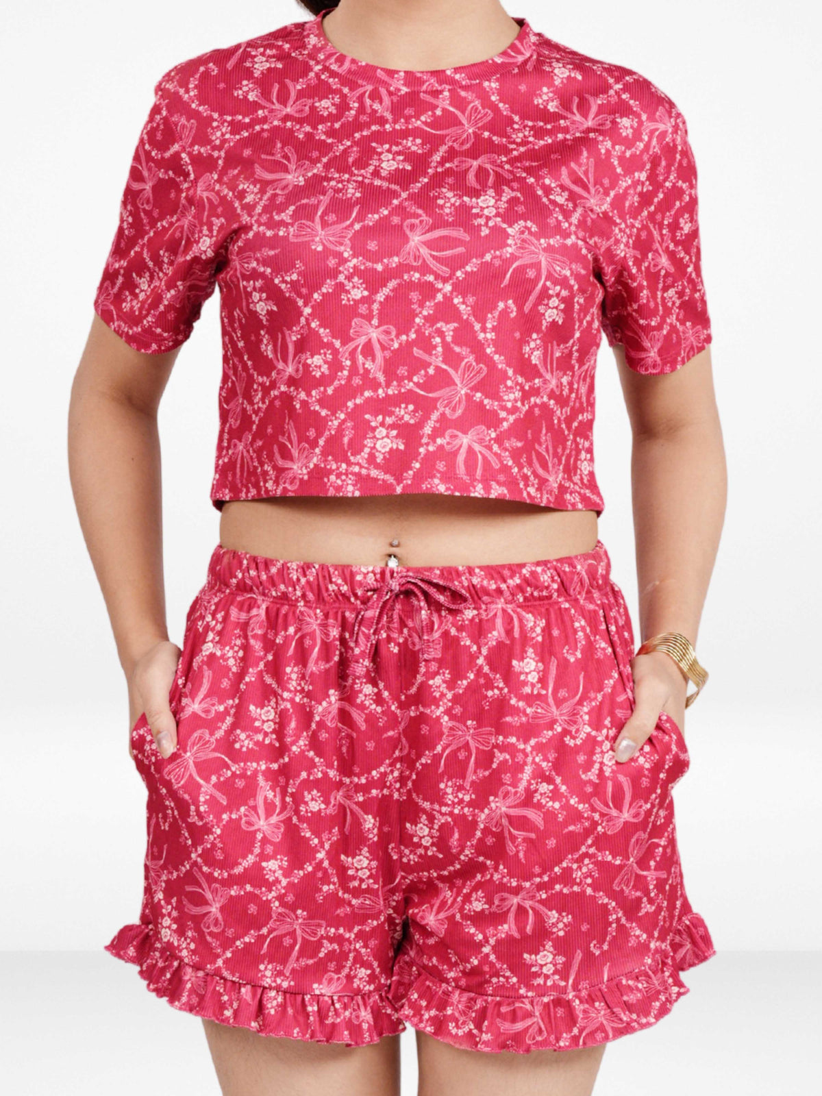 Women’s All Over Printed Crop Top Set – Crew Neck Half Sleeve Tee & Matching Bottom | Trendy Casual Two-Piece Wear