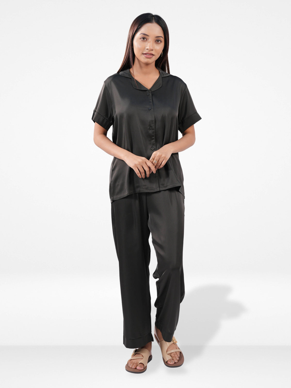 Satin Pajama Set for Women - Button Down, Short Sleeve Long Pant