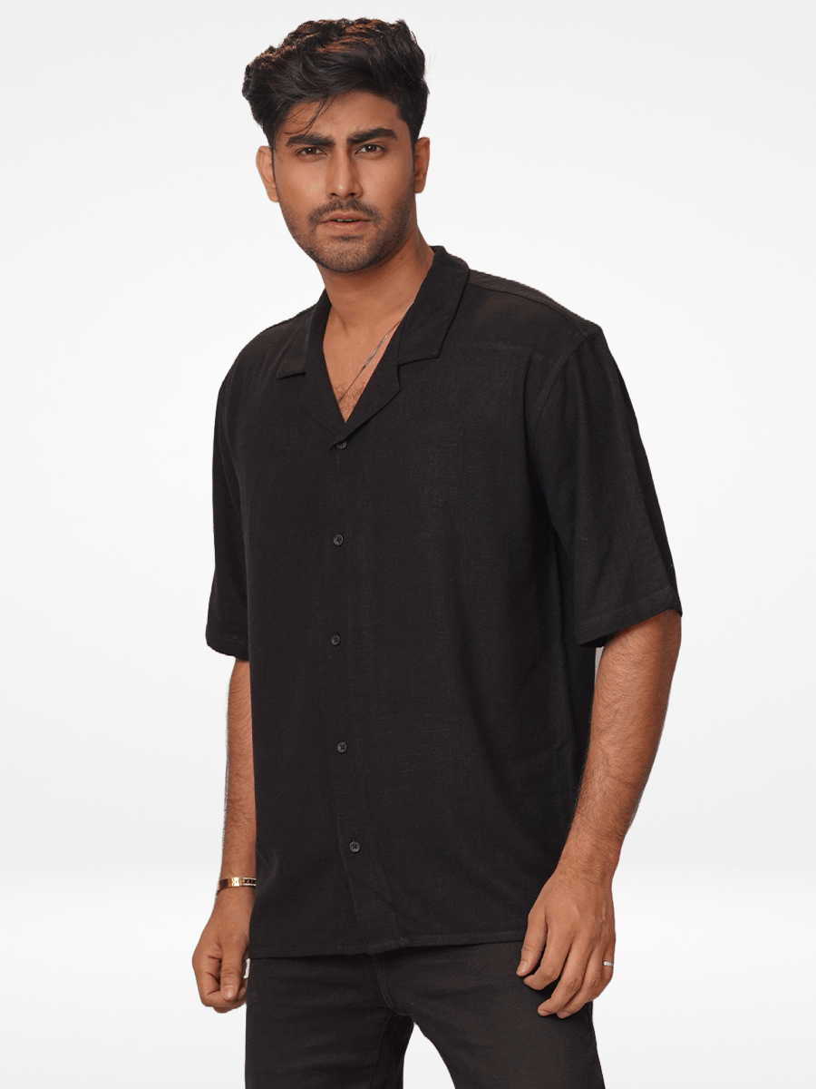 Men's Half-Sleeve Relaxed-Fit Casual Cuban Collar Shirt Black