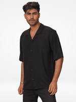 Men's Half-Sleeve Relaxed-Fit Casual Cuban Collar Shirt Black
