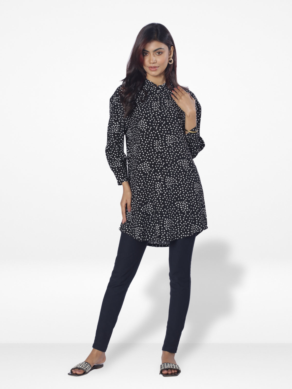 Women Harts Dot Printed Long Top| Black