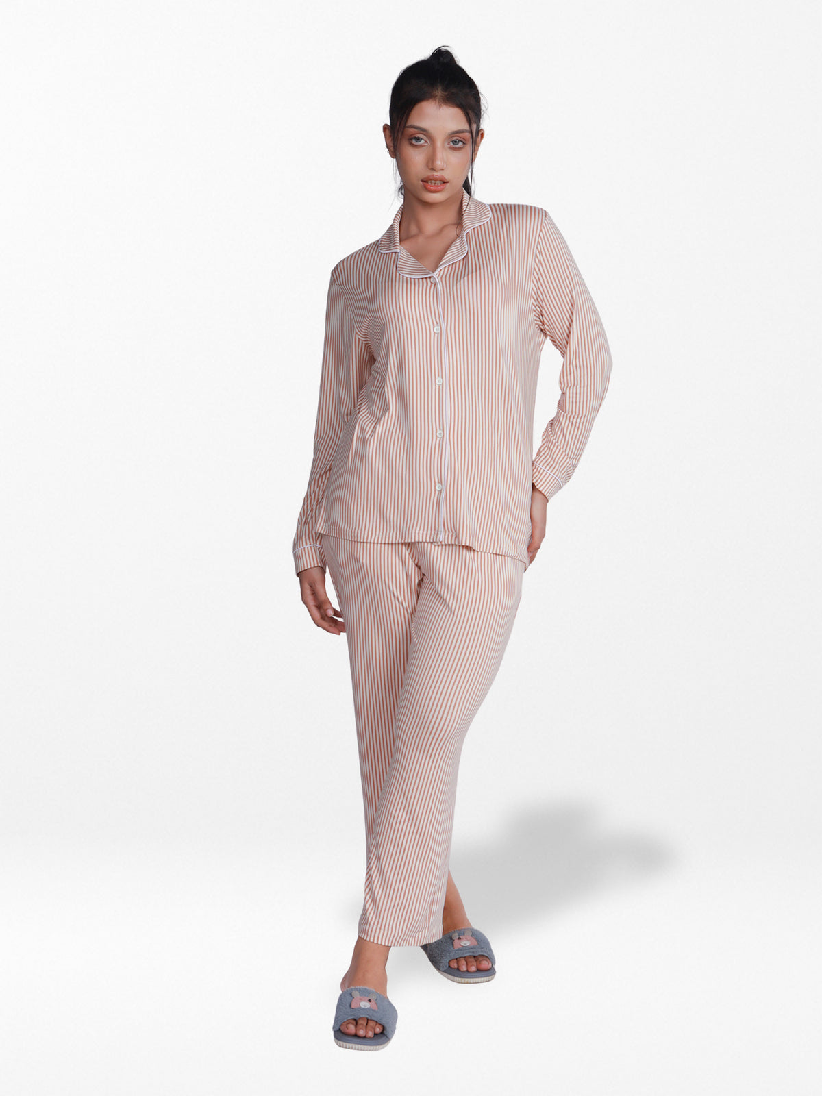 Women Coral Pink Check Sleepwear Long Sleeve Pyjama Set