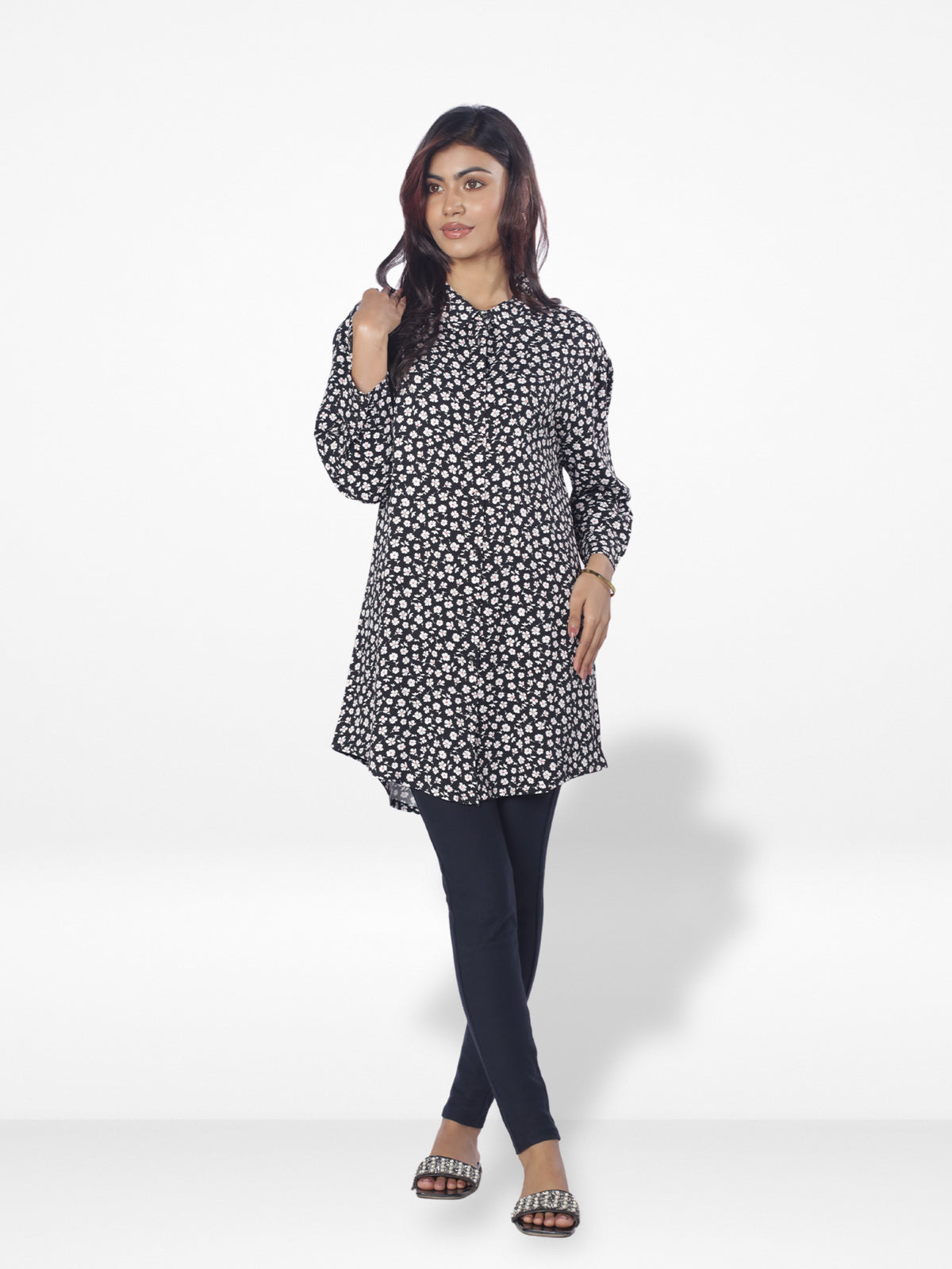 Women Flower Printed Long Top| Black Flower