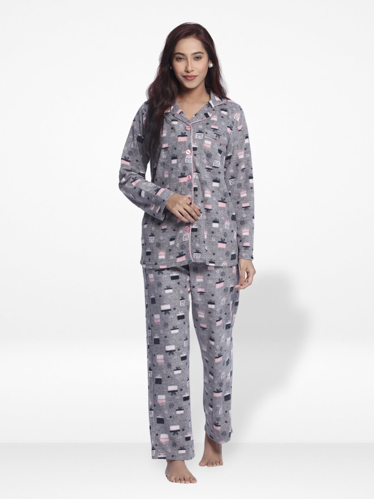 Women Micro Polar Fleece Grey Animal print Sleepwear Long Sleeve Pyjama Set