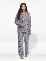 Women Micro Polar Fleece Grey Animal print Sleepwear Long Sleeve Pyjama Set