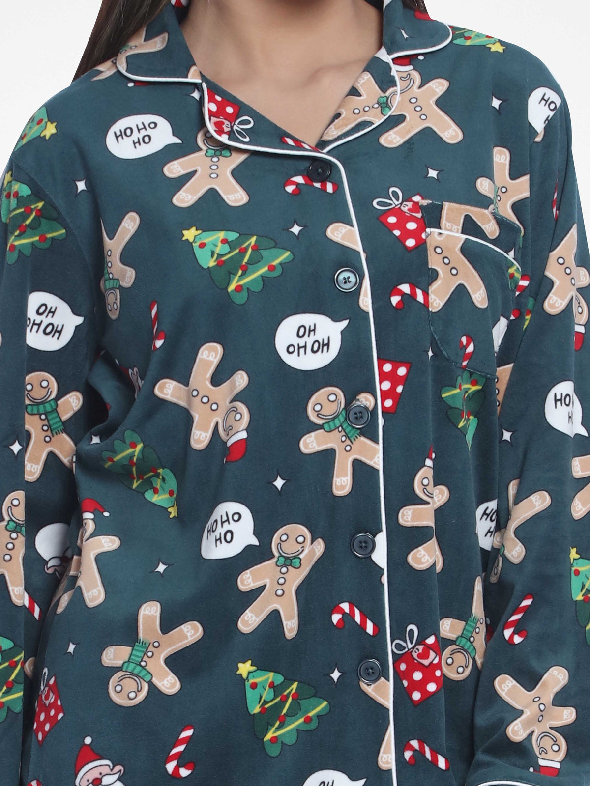 Women Velour Sleepwear Long Sleeve Dark Green AopPyjama Set