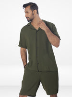 Men's Casual Short Sleeve Button Down Shirt Short Pant Set | Olive