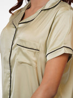 Satin Pajama Set for Women - Contrast Piping, Notch Collar, Button Down, Short Sleeve & Long Pant