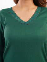 Women's Long Sleeve V-Neck Top with Elegant Lace – Casual Knit Blouse