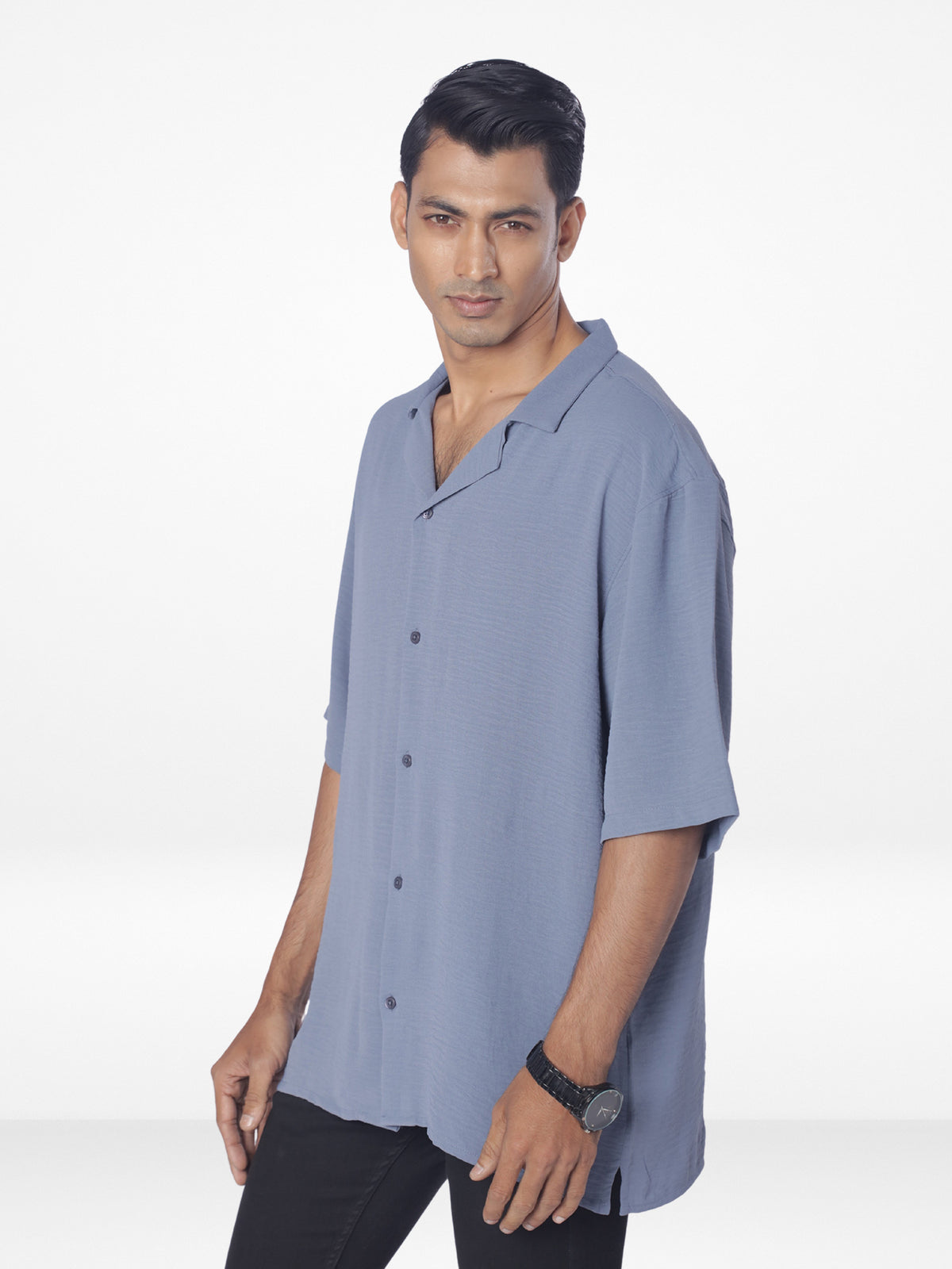 Men's Half-Sleeve Relaxed-Fit Casual Cuban Collar Shirt| SLATE BLUE