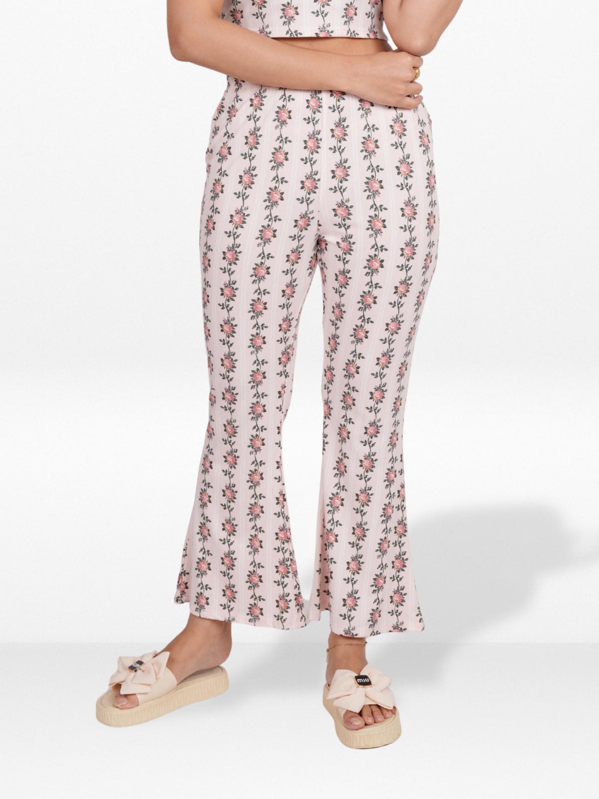 Women’s Printed Palazzo Pants | Wide Leg Lounge Trousers for Women | Soft Stretch Yummy Rib Fabric | Casual & Party Wear Bottoms - Blushing Bride Rose