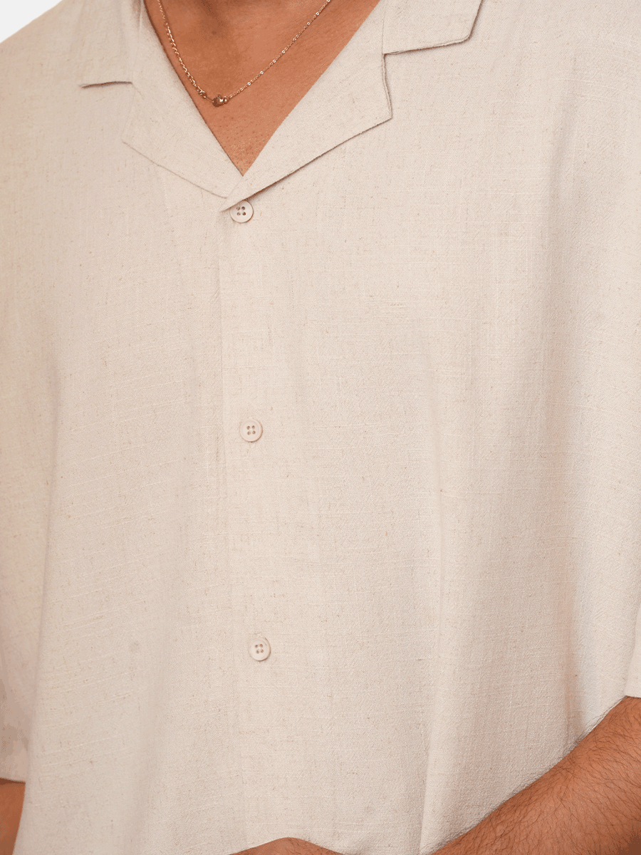 Men's Half-Sleeve Relaxed-Fit Casual Cuban Collar Shirt Beige