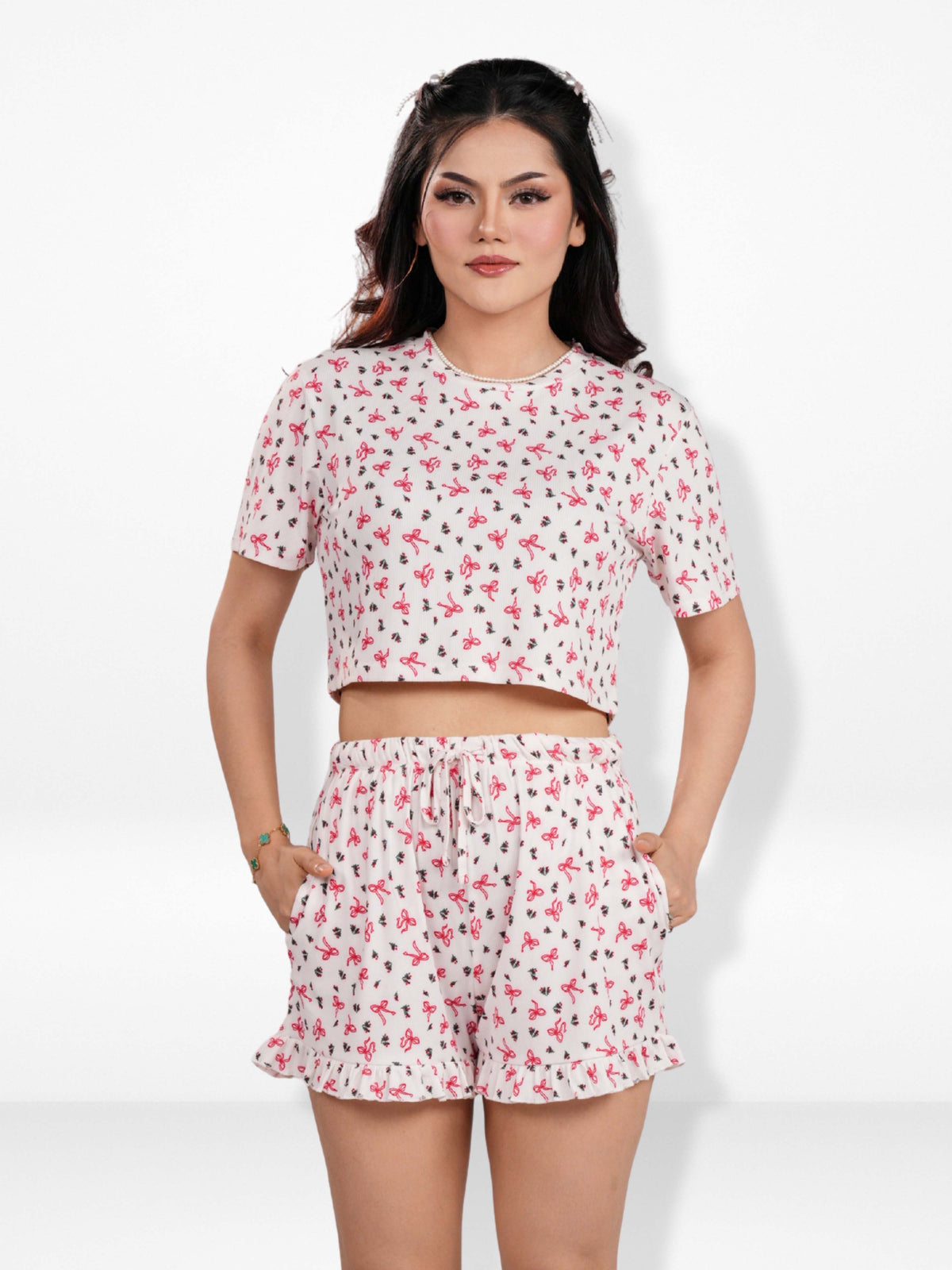 Women’s All Over Printed Crop Top Set – Crew Neck Half Sleeve Tee & Matching Bottom | Trendy Casual Two-Piece Wear