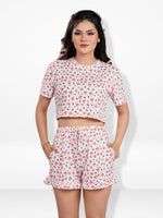 Women’s All Over Printed Crop Top Set – Crew Neck Half Sleeve Tee & Matching Bottom | Trendy Casual Two-Piece Wear