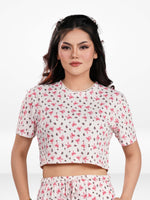 Womens All Over Printed Crop Top Crew Neck Half Sleeve Tee for Trendy Casual Wear - Egret