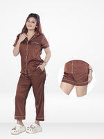 3pcs Women Satin Pajama Set. Contrast Piping, Notch Collar & Button Down.