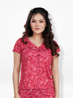 Women’s Short Sleeve Button-Down Top | Printed Sleepwear Shirt | Soft & Stretchy Yummy Rib Fabric | Lounge Top - Crimson