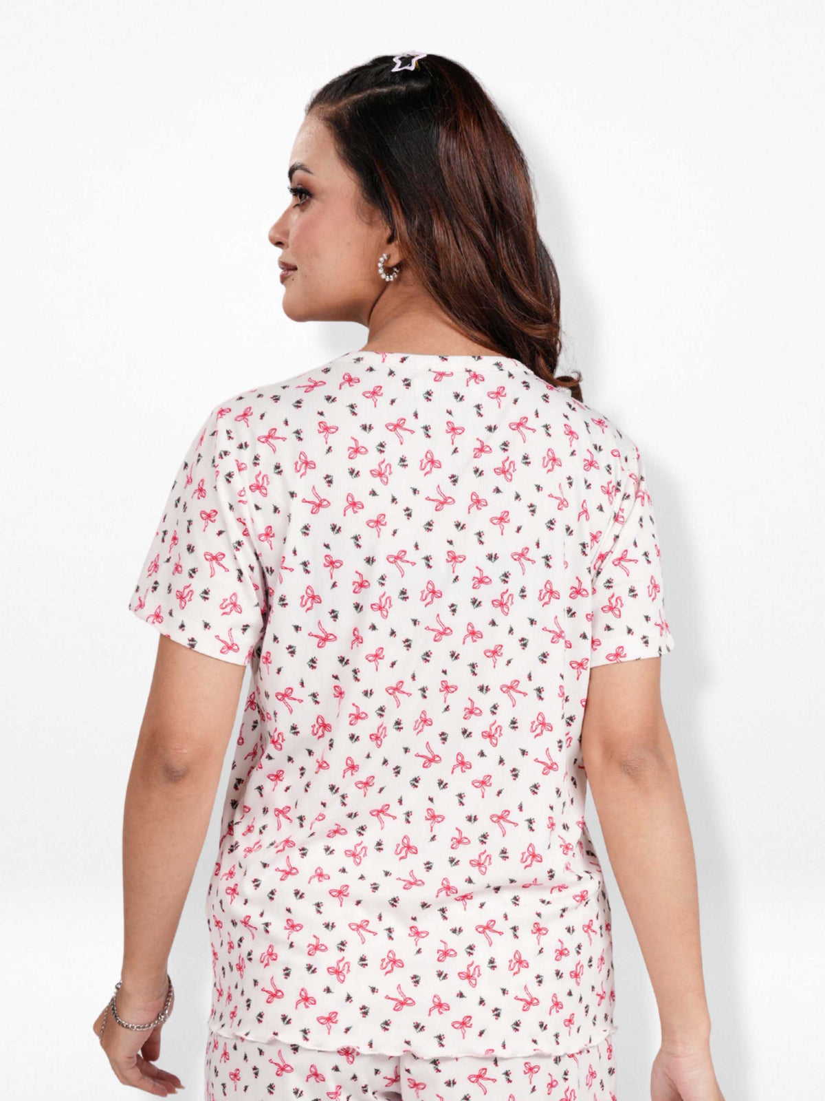 Women’s Henley Short Sleeve Pajama Top | Printed Sleepwear Shirt | Soft Stretch Yummy Rib Fabric | Casual Lounge Top for Women - Egret