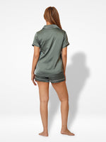 Satin Pajama Set for Women - Contrast Piping, Notch Collar, Button Down, Short Sleeve & Short Pant