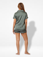 Satin Pajama Set for Women - Contrast Piping, Notch Collar, Button Down, Short Sleeve & Short Pant