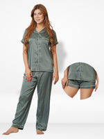 3pcs Women Satin Pajama Set. Contrast Piping, Notch Collar & Button Down.