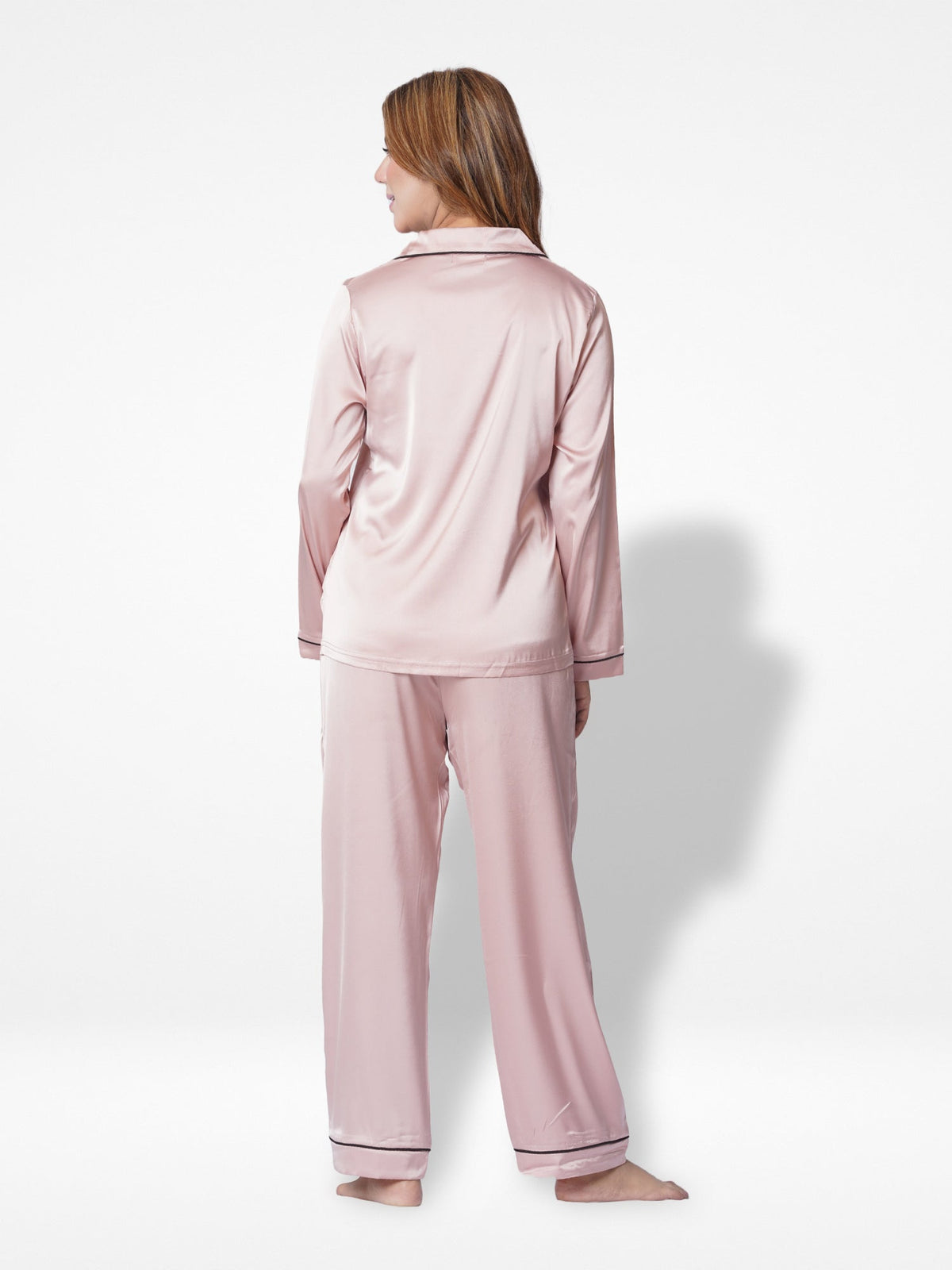 Satin Pajama Set for Women - Contrast Piping, Notch Collar, Button Down, Long Sleeve & Long Pant