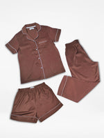 3pcs Women Satin Pajama Set. Contrast Piping, Notch Collar & Button Down.