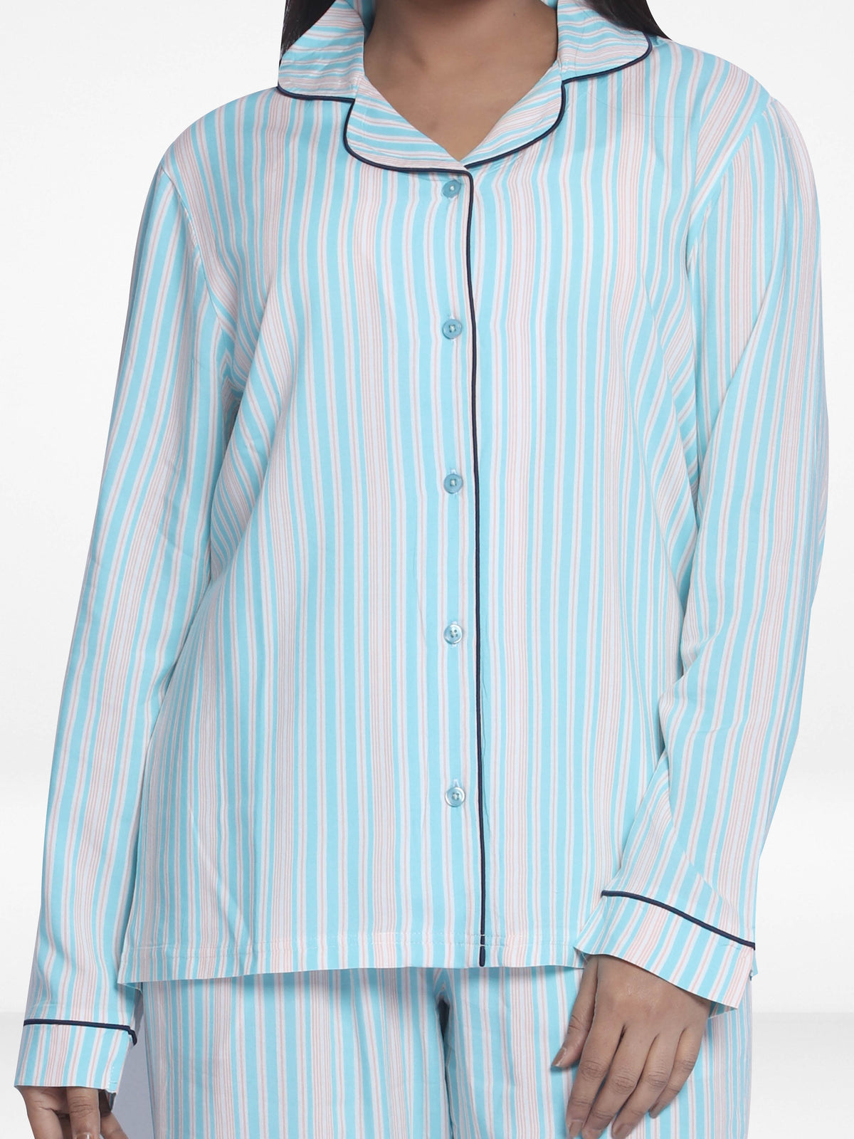 Women Mint Stripe Sleepwear Long Sleeve Pyjama Set