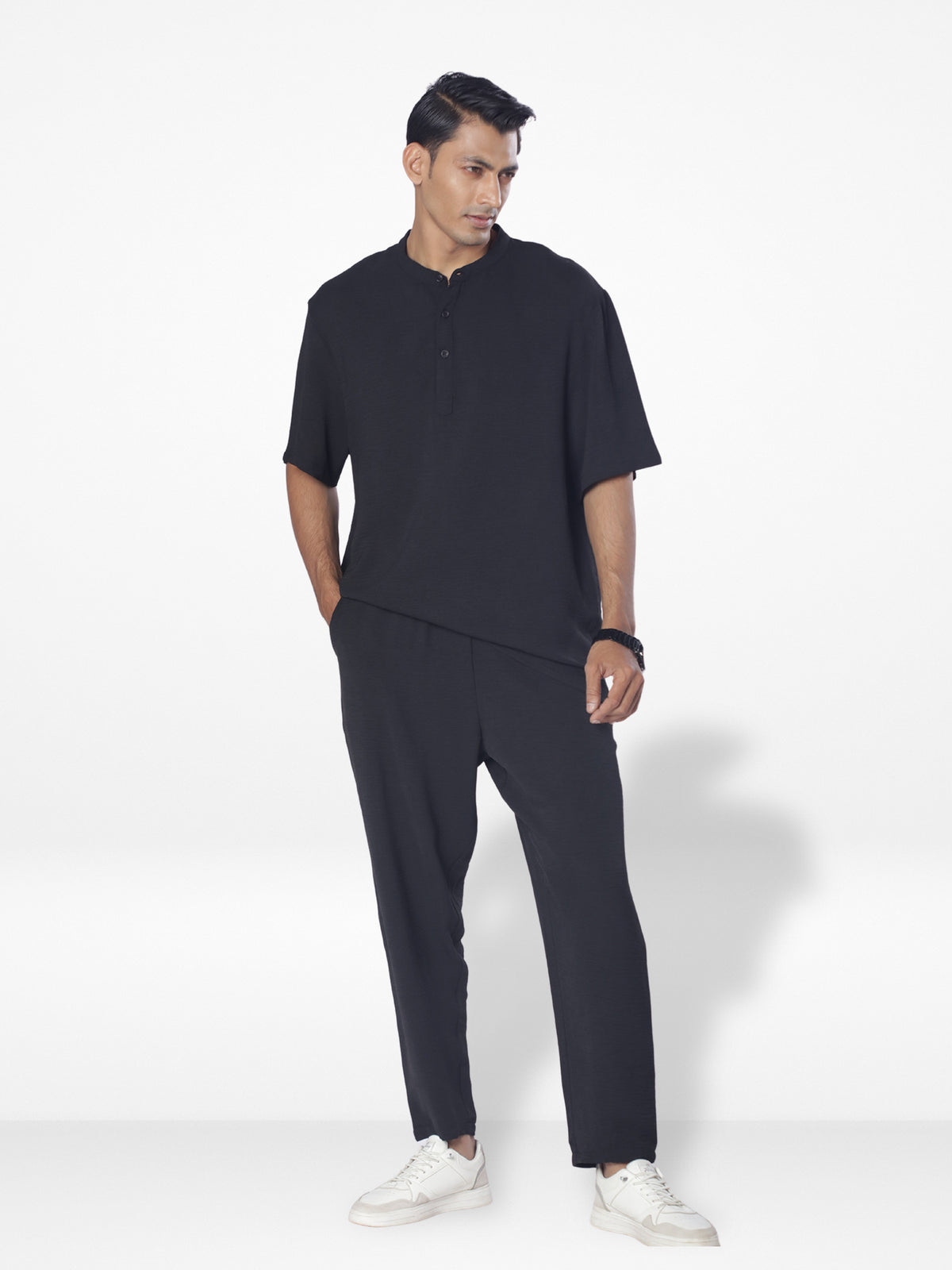 Men's Short Sleeve Shirt & Long Pant Set|Black