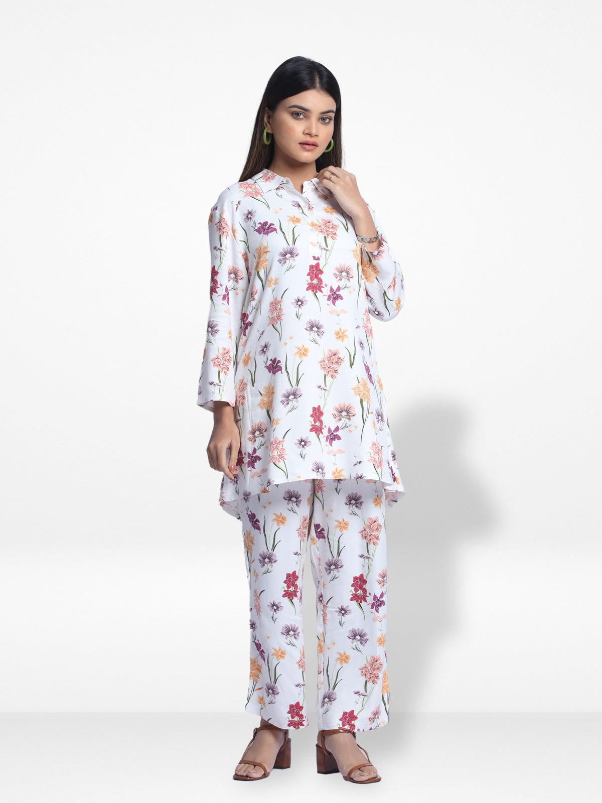 Women White Floral Aop Print Co-Ord Set with Luxury Details