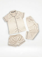 3pcs Women Satin Pajama Set. Contrast Piping, Notch Collar & Button Down.
