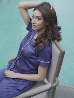 Satin Pajama Set for Women - Contrast Piping, Notch Collar, Button Down, Short Sleeve Long Pant