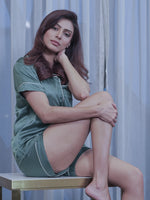 Satin Pajama Set for Women - Contrast Piping, Notch Collar, Button Down, Short Sleeve & Short Pant