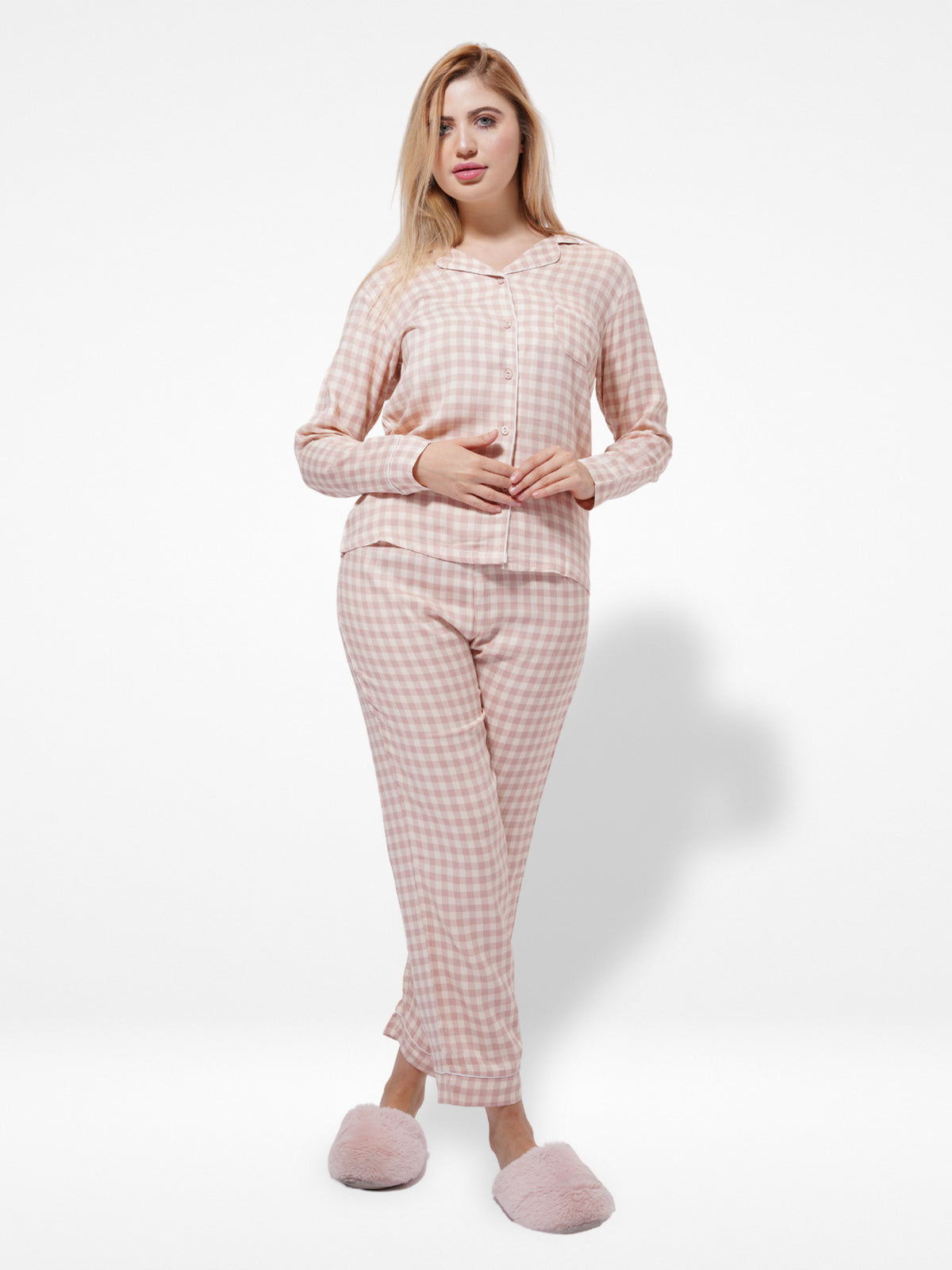WomenWarm White Check Printed Night Suit Set | Shirt pajama, Nightwear Dress