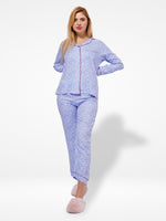 Women viscose Printed Blue Floral Night Suit Set of Shirt & Pyjama, Night wear Dress