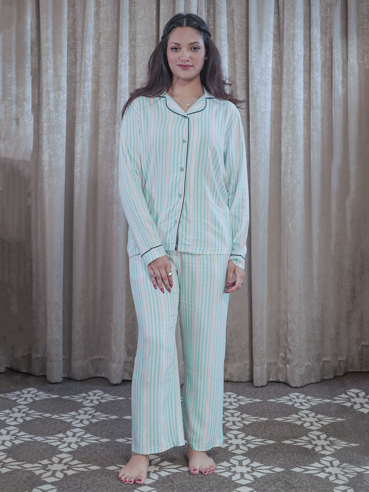 Women Mint Stripe Sleepwear Long Sleeve Pyjama Set